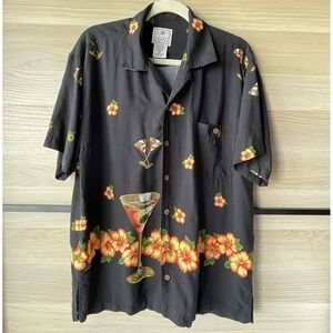 Vintage LUAU Hawaiian Shirt Men's M Black Martini Glass Cocktail Floral Hibiscus
